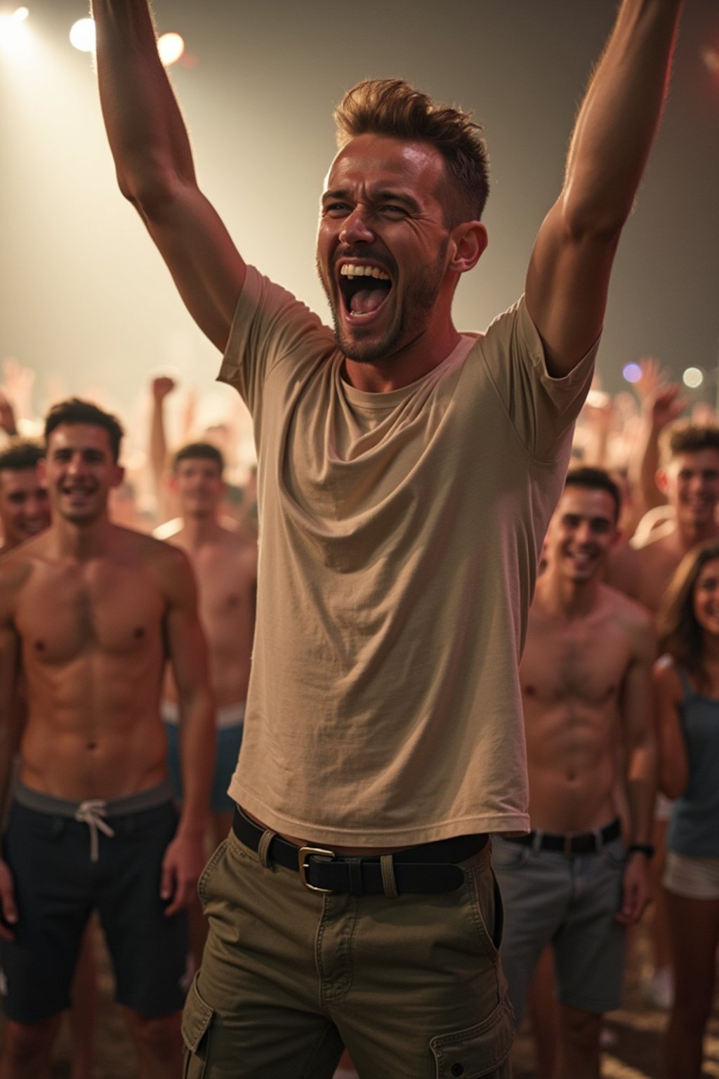 a man in  a t-shirt and cargo pants, capturing their infectious energy and enthusiasm for the music