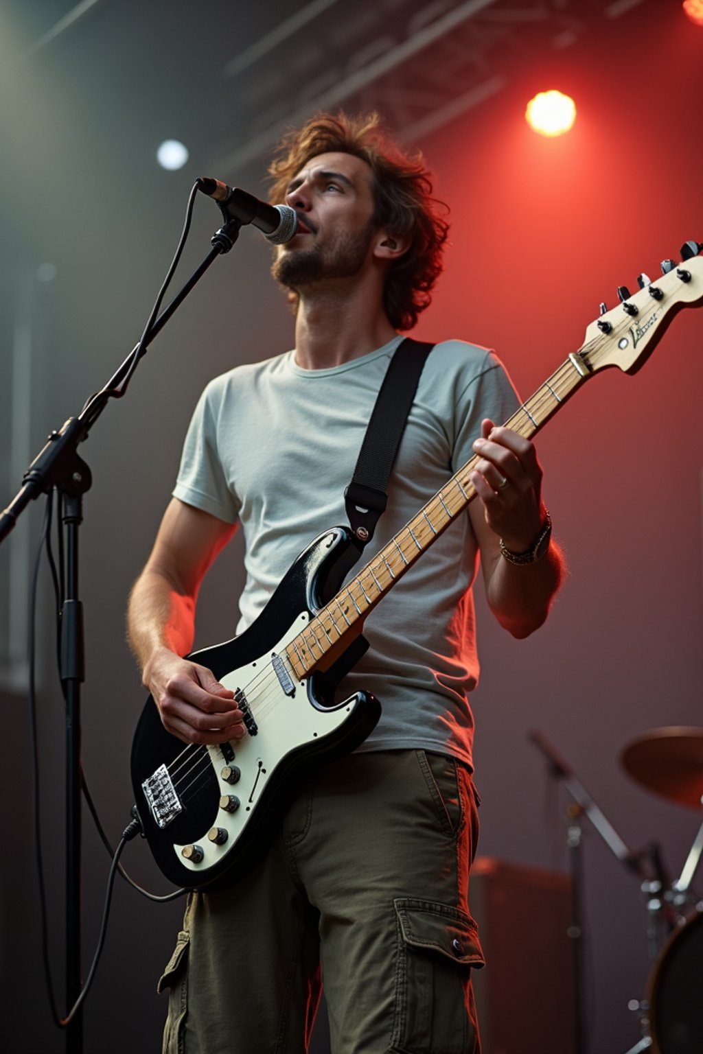 a man in  a t-shirt and cargo pants, capturing their infectious energy and enthusiasm for the music