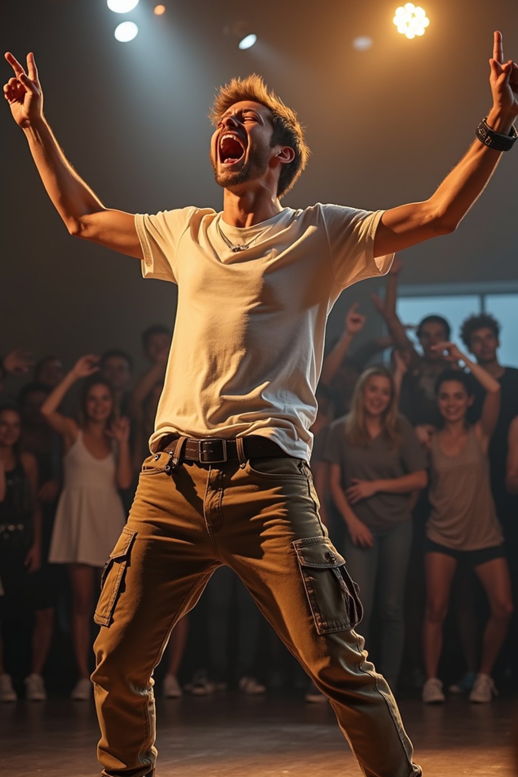 a man in  a t-shirt and cargo pants, capturing their infectious energy and enthusiasm for the music