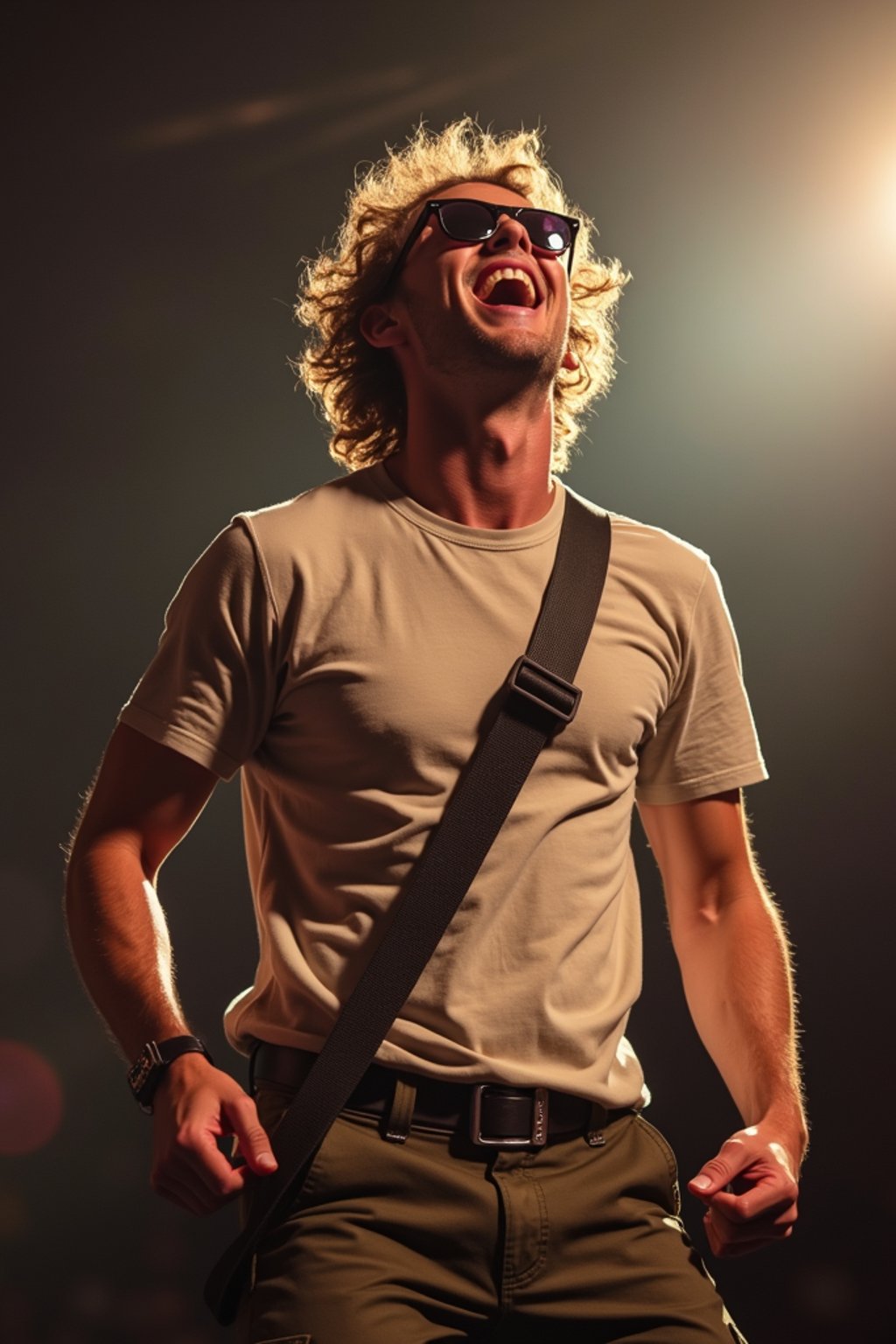 a man in  a t-shirt and cargo pants, capturing their infectious energy and enthusiasm for the music