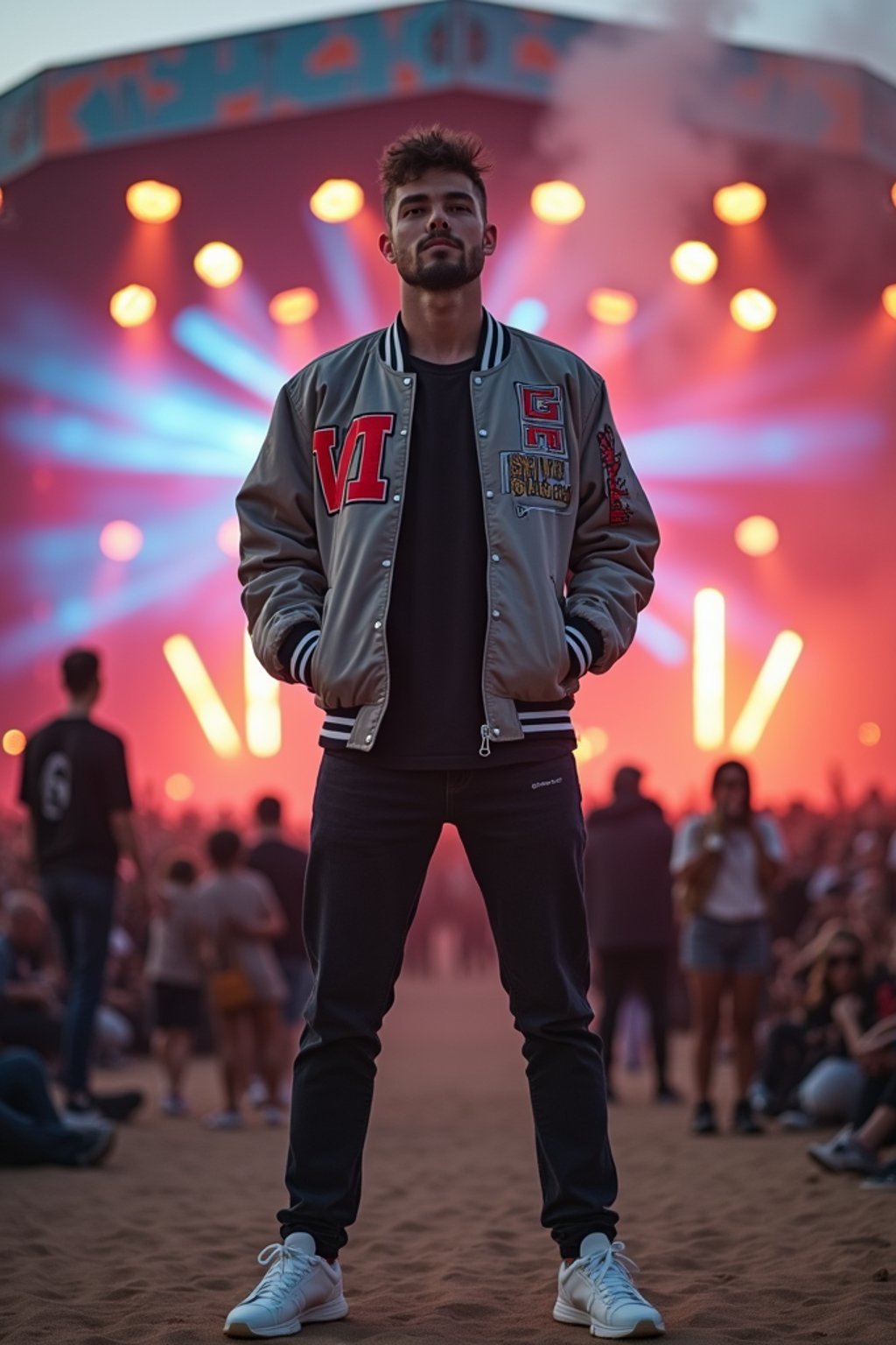 a man in  a cool bomber jacket and sneakers, striking a pose in front of a stage backdrop, capturing the excitement of a music festival