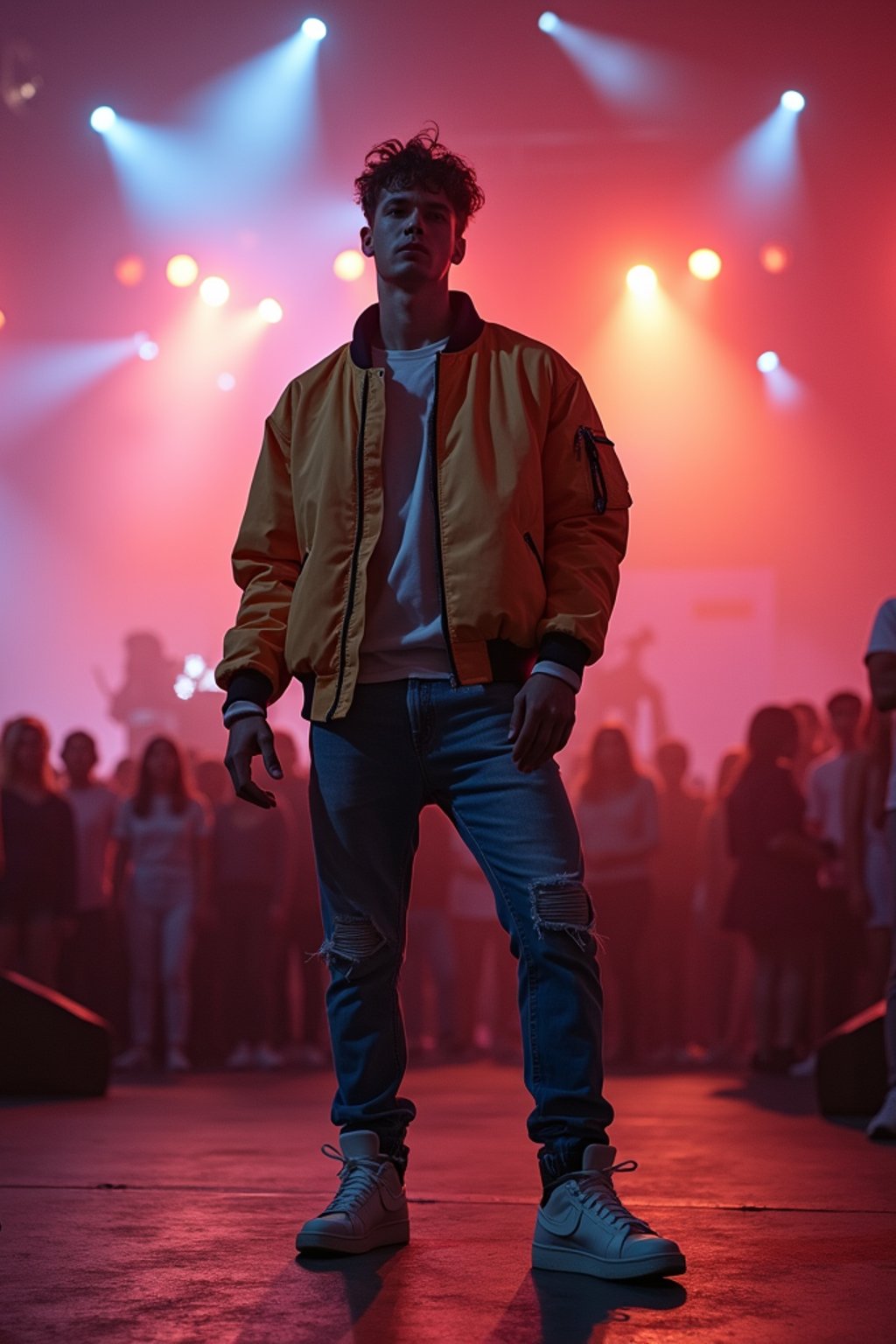 a man in  a cool bomber jacket and sneakers, striking a pose in front of a stage backdrop, capturing the excitement of a music festival