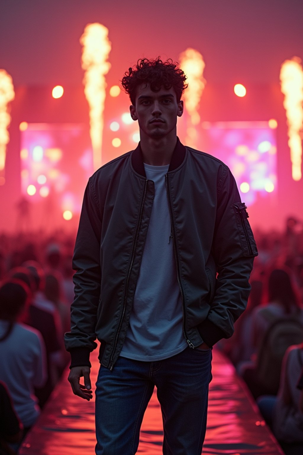 a man in  a cool bomber jacket and sneakers, striking a pose in front of a stage backdrop, capturing the excitement of a music festival