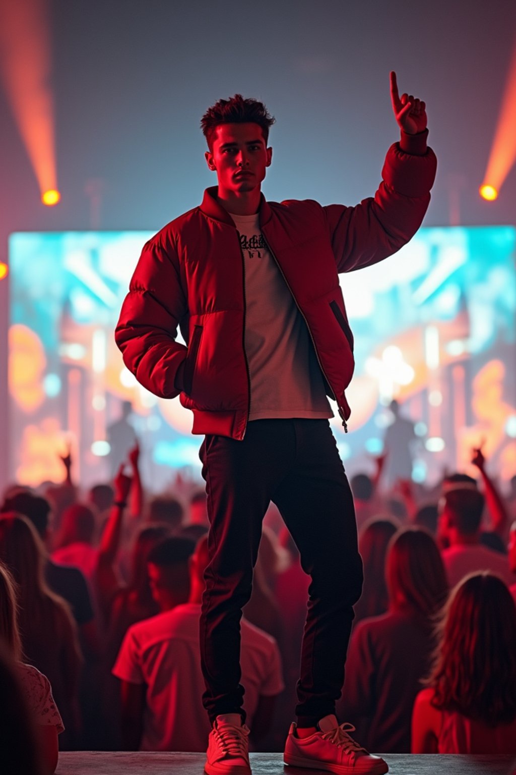 a man in  a cool bomber jacket and sneakers, striking a pose in front of a stage backdrop, capturing the excitement of a music festival