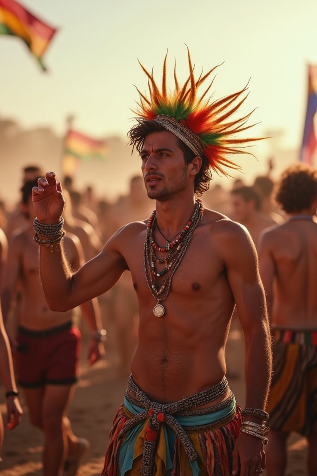 a man in a festival-inspired outfit, dancing with  a crowd of fellow festival-goers, capturing the energetic and lively atmosphere