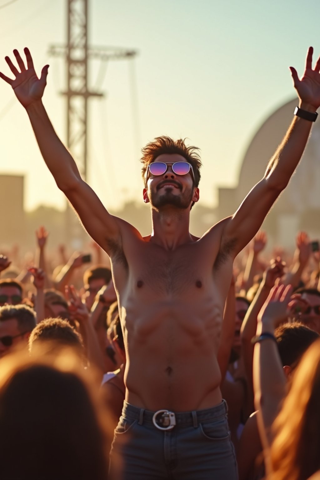 a man enjoying the live music on a sunny day, surrounded by  energetic fans and raising their hands in excitement