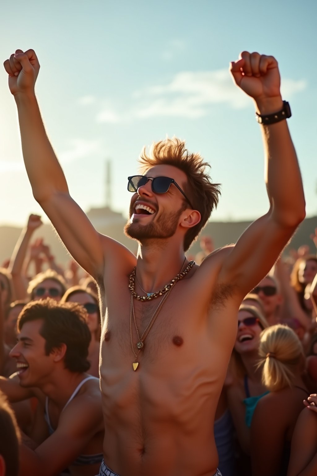 a man enjoying the live music on a sunny day, surrounded by  energetic fans and raising their hands in excitement