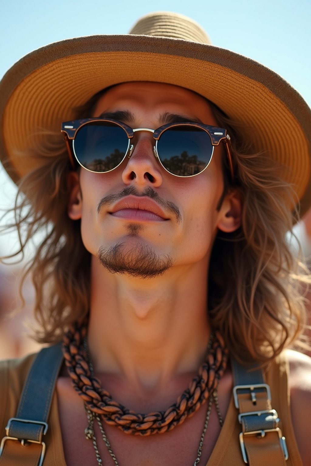 a stunning man with  a stylish hat and sunglasses, capturing the essence of festival fashion and individuality