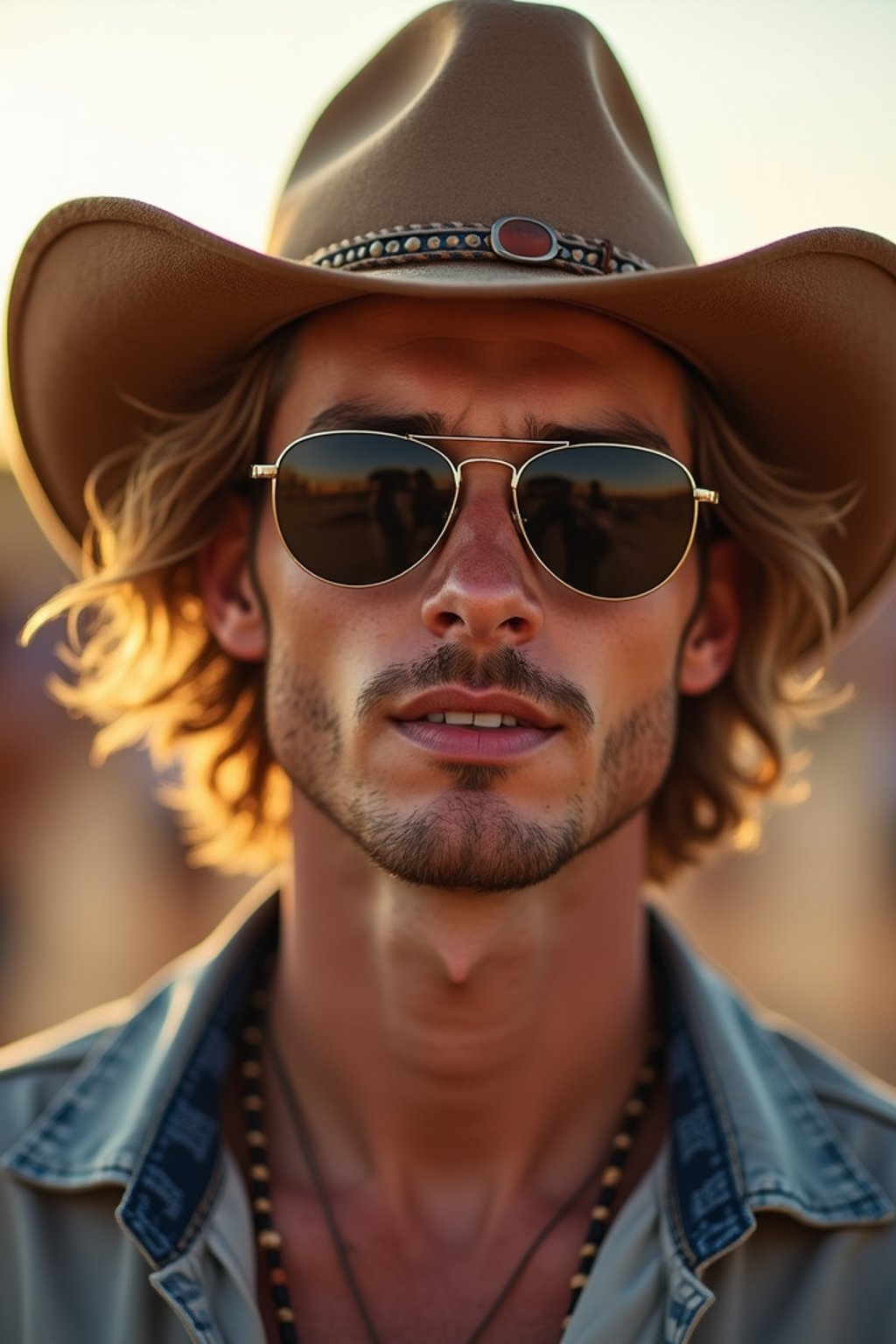 a stunning man with  a stylish hat and sunglasses, capturing the essence of festival fashion and individuality