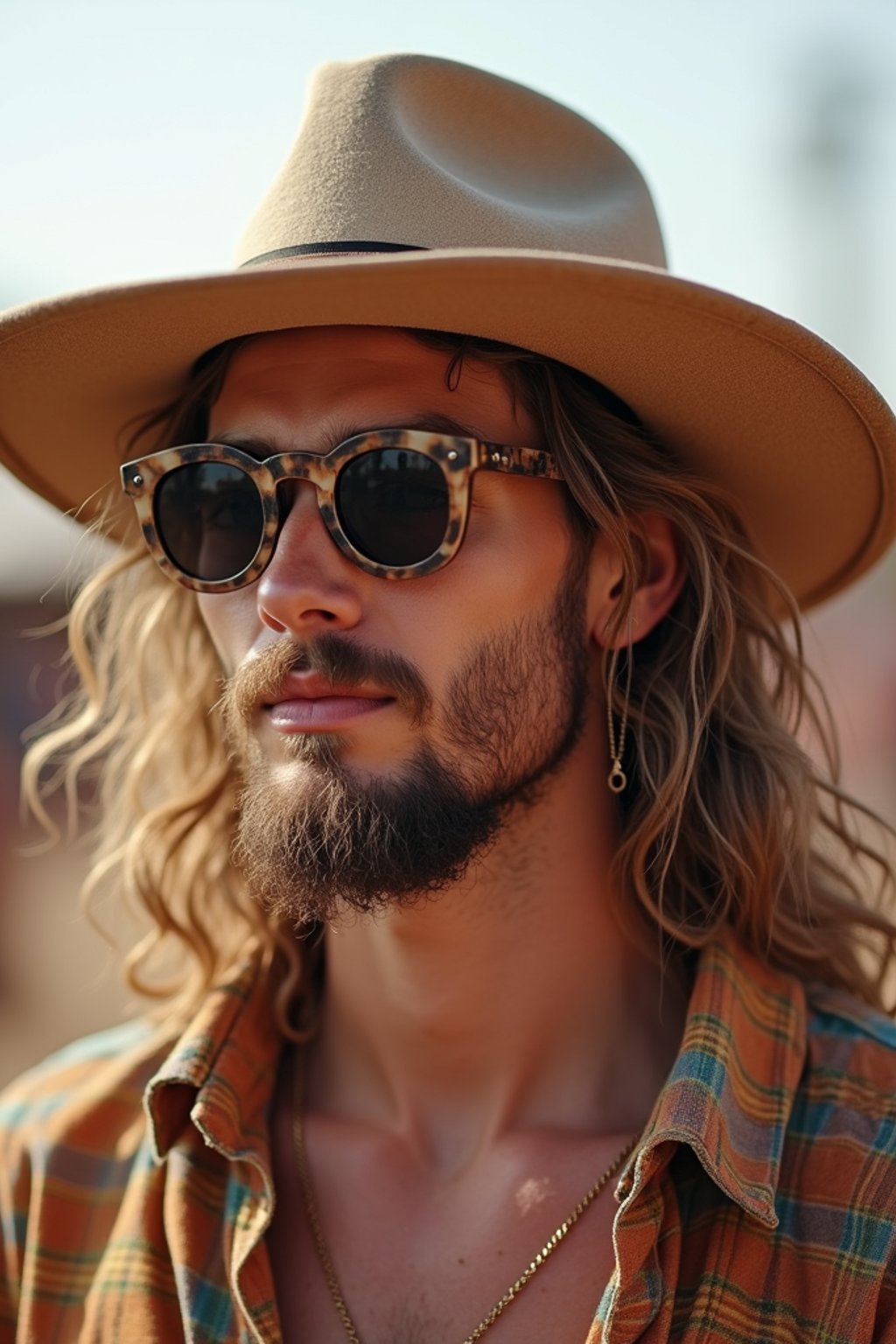 a stunning man with  a stylish hat and sunglasses, capturing the essence of festival fashion and individuality