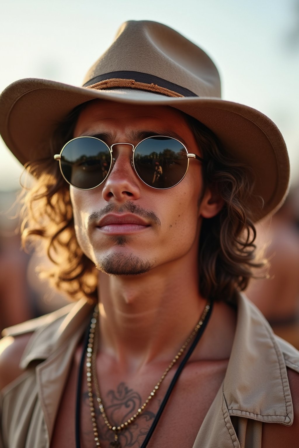 a stunning man with  a stylish hat and sunglasses, capturing the essence of festival fashion and individuality