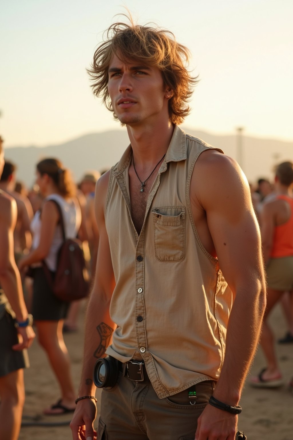 a man in  a sleeveless shirt and cargo pants, embodying the free-spirited and carefree nature of a music festival