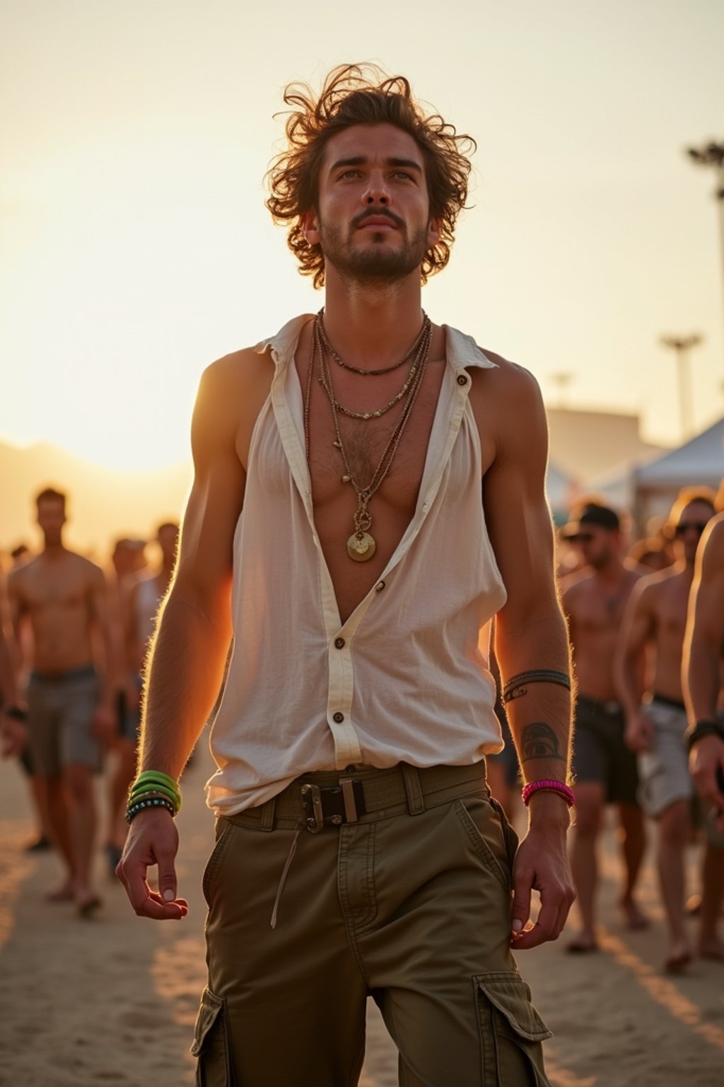 a man in  a sleeveless shirt and cargo pants, embodying the free-spirited and carefree nature of a music festival