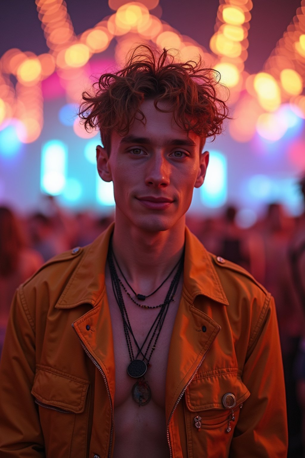 an incredibly attractive man in a festival outfit, embracing the festival vibes and posing against a backdrop of colorful stage lights and decorations