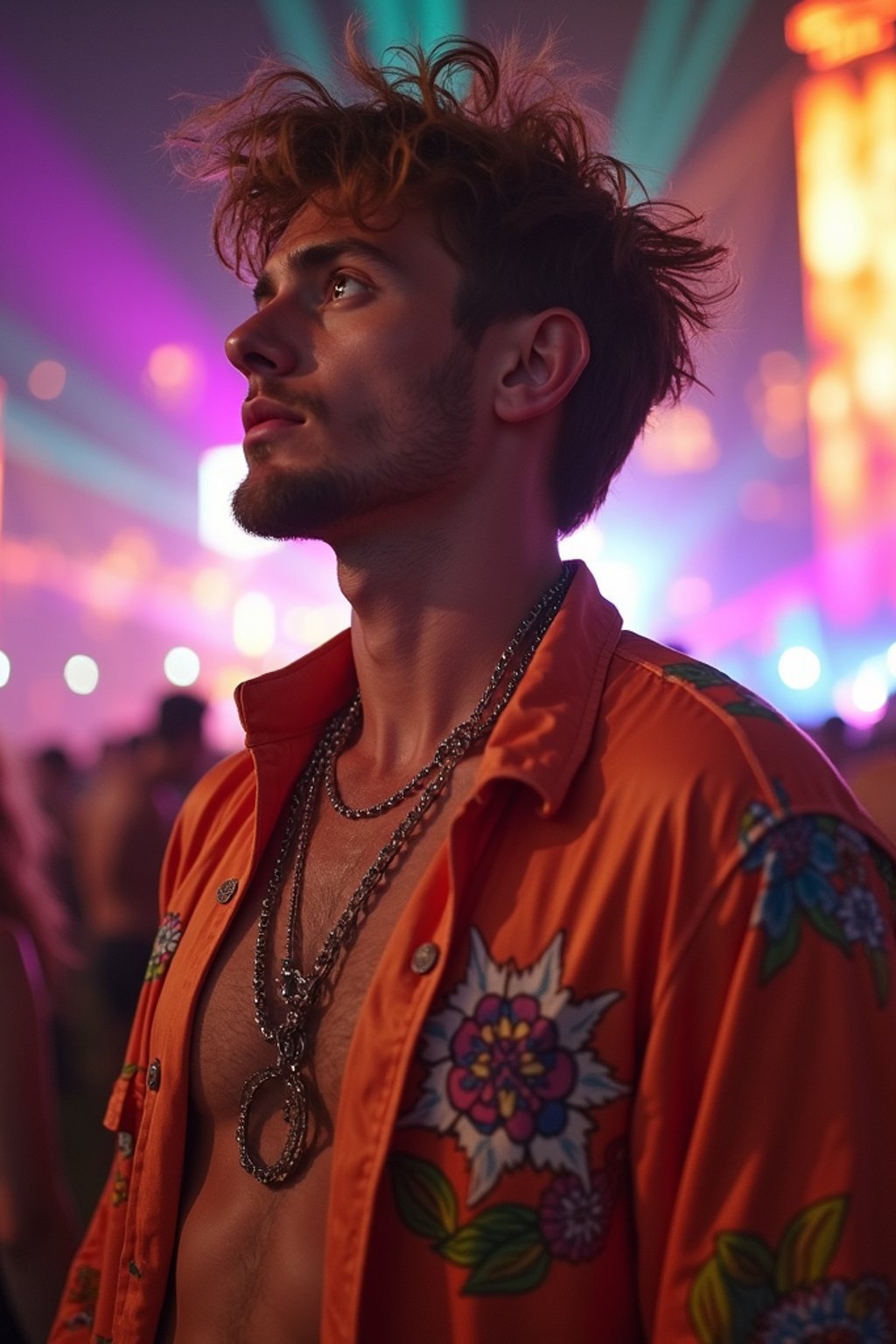 an incredibly attractive man in a festival outfit, embracing the festival vibes and posing against a backdrop of colorful stage lights and decorations