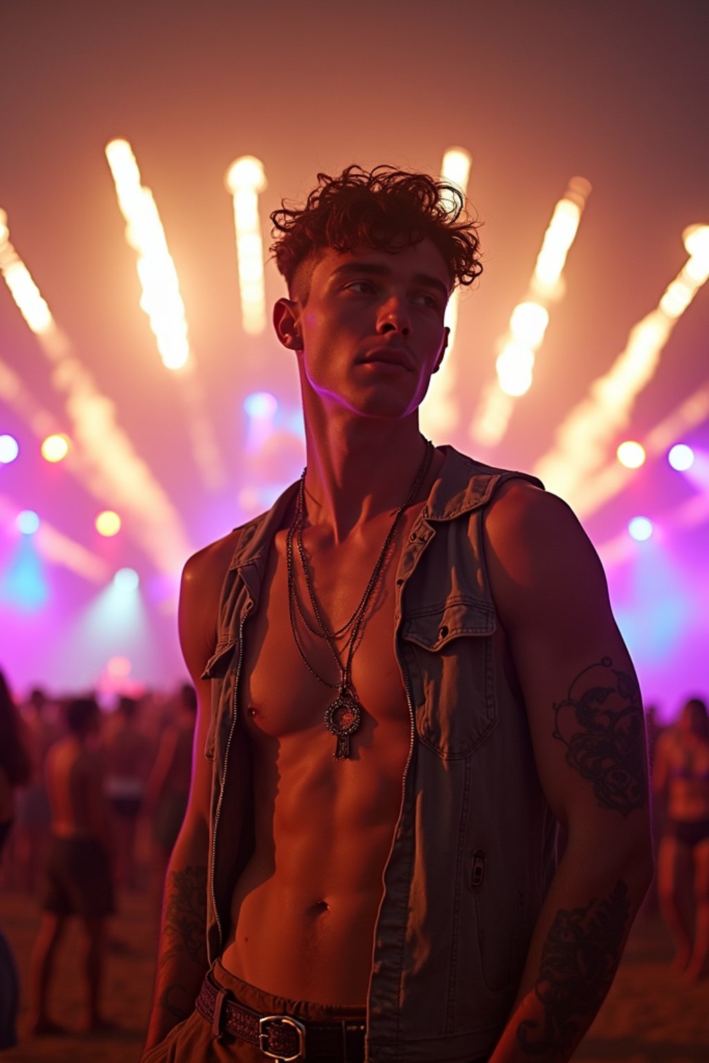 an incredibly attractive man in a festival outfit, embracing the festival vibes and posing against a backdrop of colorful stage lights and decorations