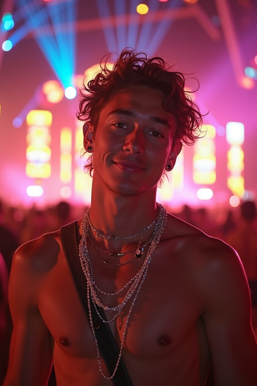 an incredibly attractive man in a festival outfit, embracing the festival vibes and posing against a backdrop of colorful stage lights and decorations