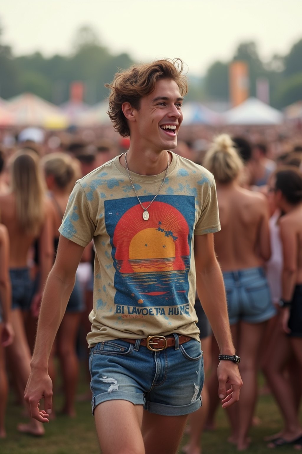 a stunning man as a festival-goer, dancing and enjoying the music in a vibrant crowd, wearing  a colorful graphic t-shirt and denim shorts