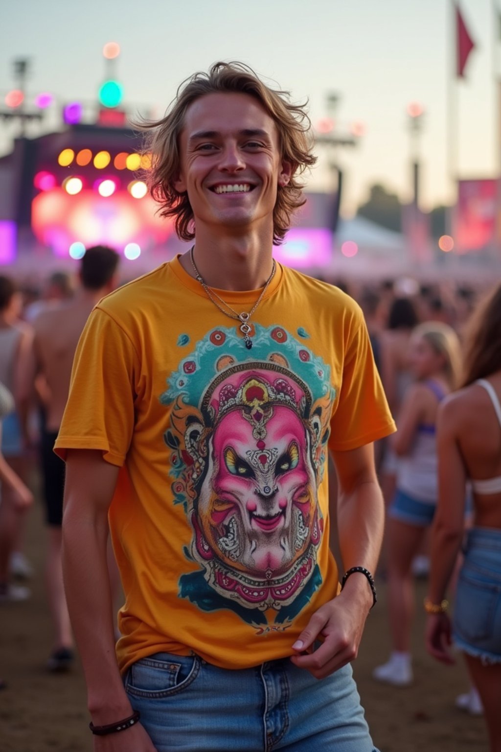 a stunning man as a festival-goer, dancing and enjoying the music in a vibrant crowd, wearing  a colorful graphic t-shirt and denim shorts