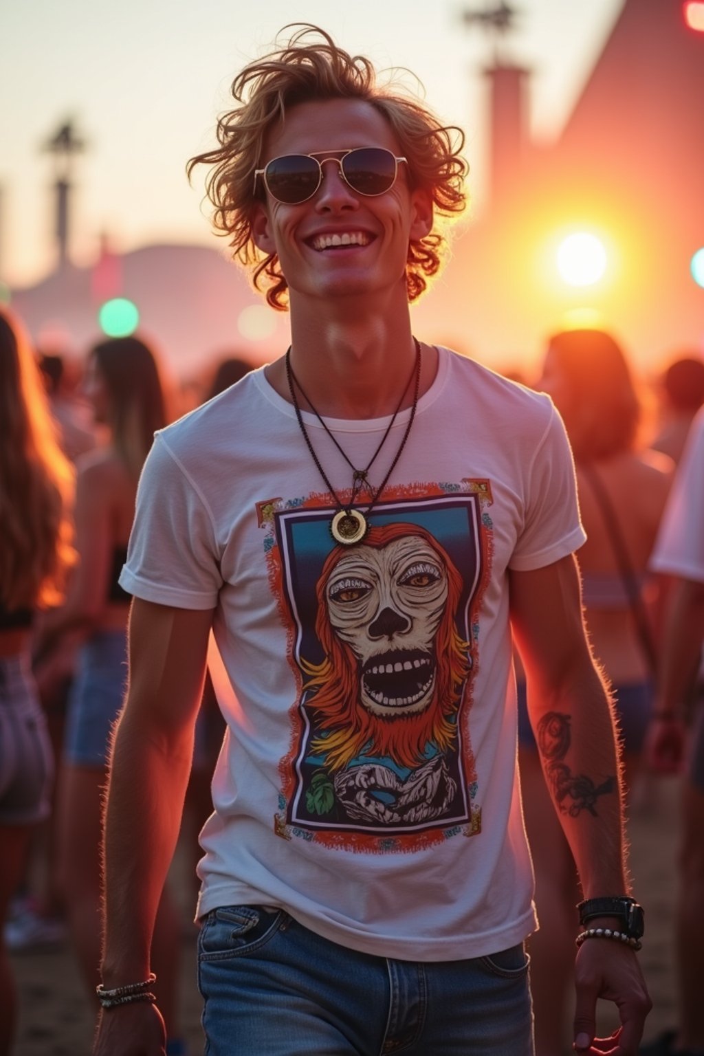 a stunning man as a festival-goer, dancing and enjoying the music in a vibrant crowd, wearing  a colorful graphic t-shirt and denim shorts