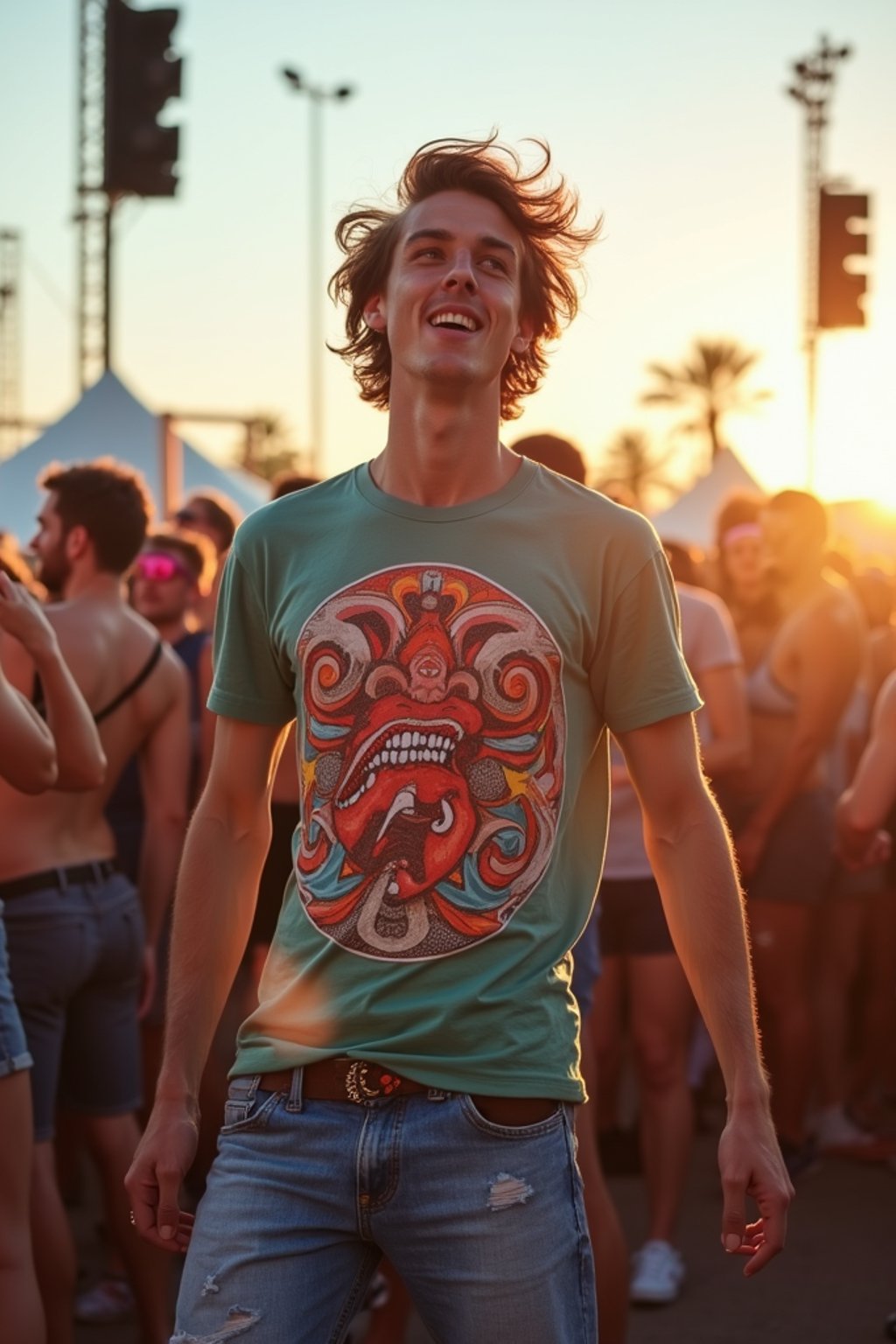 a stunning man as a festival-goer, dancing and enjoying the music in a vibrant crowd, wearing  a colorful graphic t-shirt and denim shorts