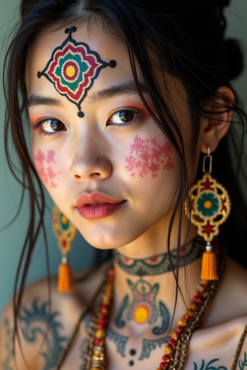 a woman with colorful temporary tattoos and henna art , adding an element of tribal and cultural inspiration to their festival look