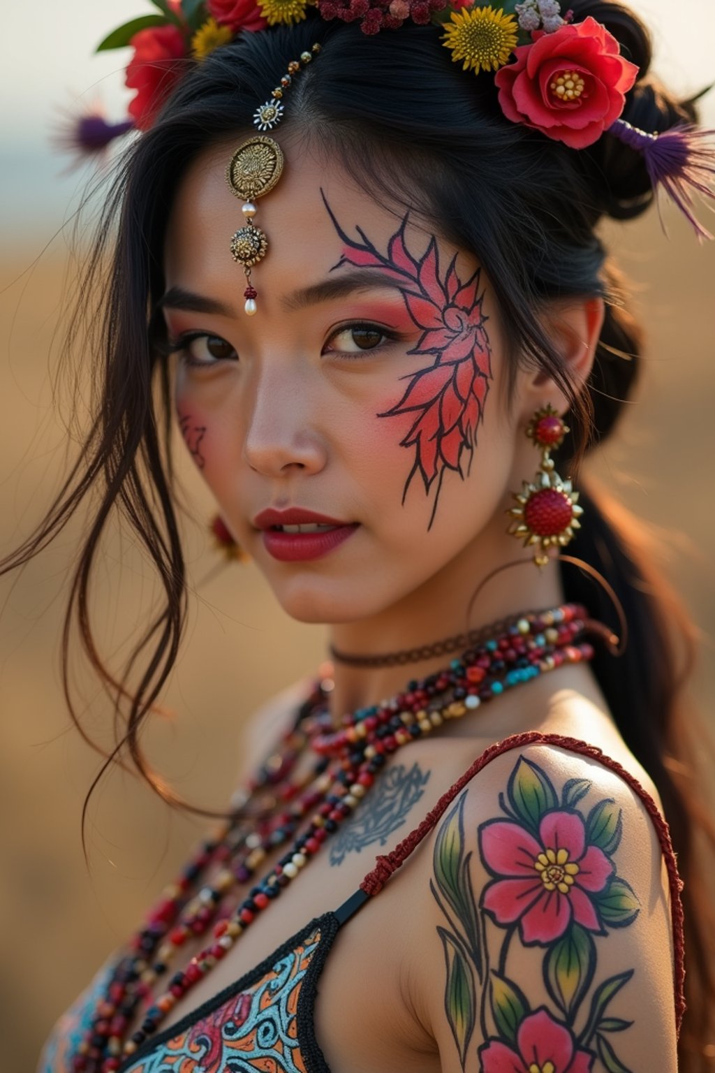 a woman with colorful temporary tattoos and henna art , adding an element of tribal and cultural inspiration to their festival look