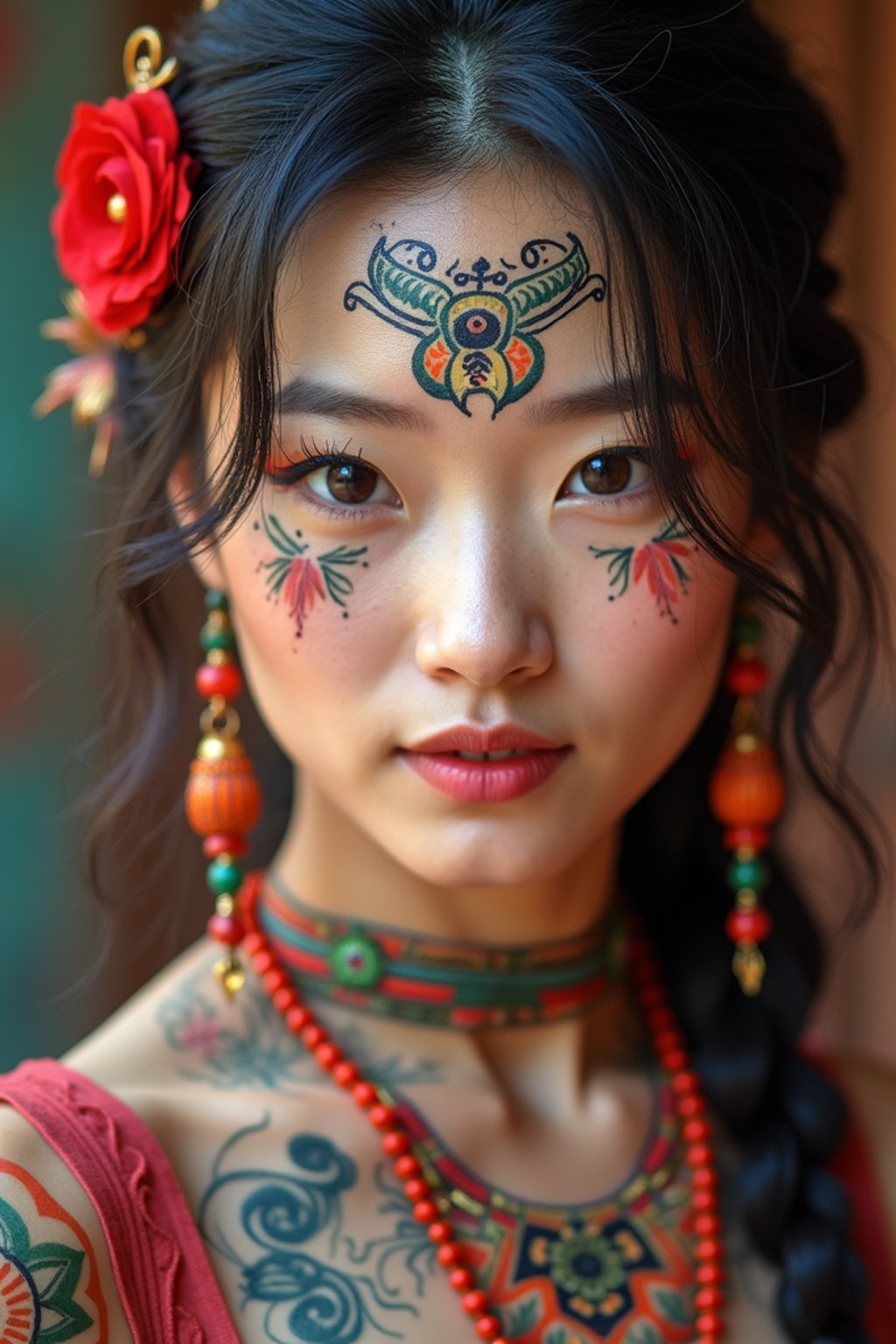 a woman with colorful temporary tattoos and henna art , adding an element of tribal and cultural inspiration to their festival look