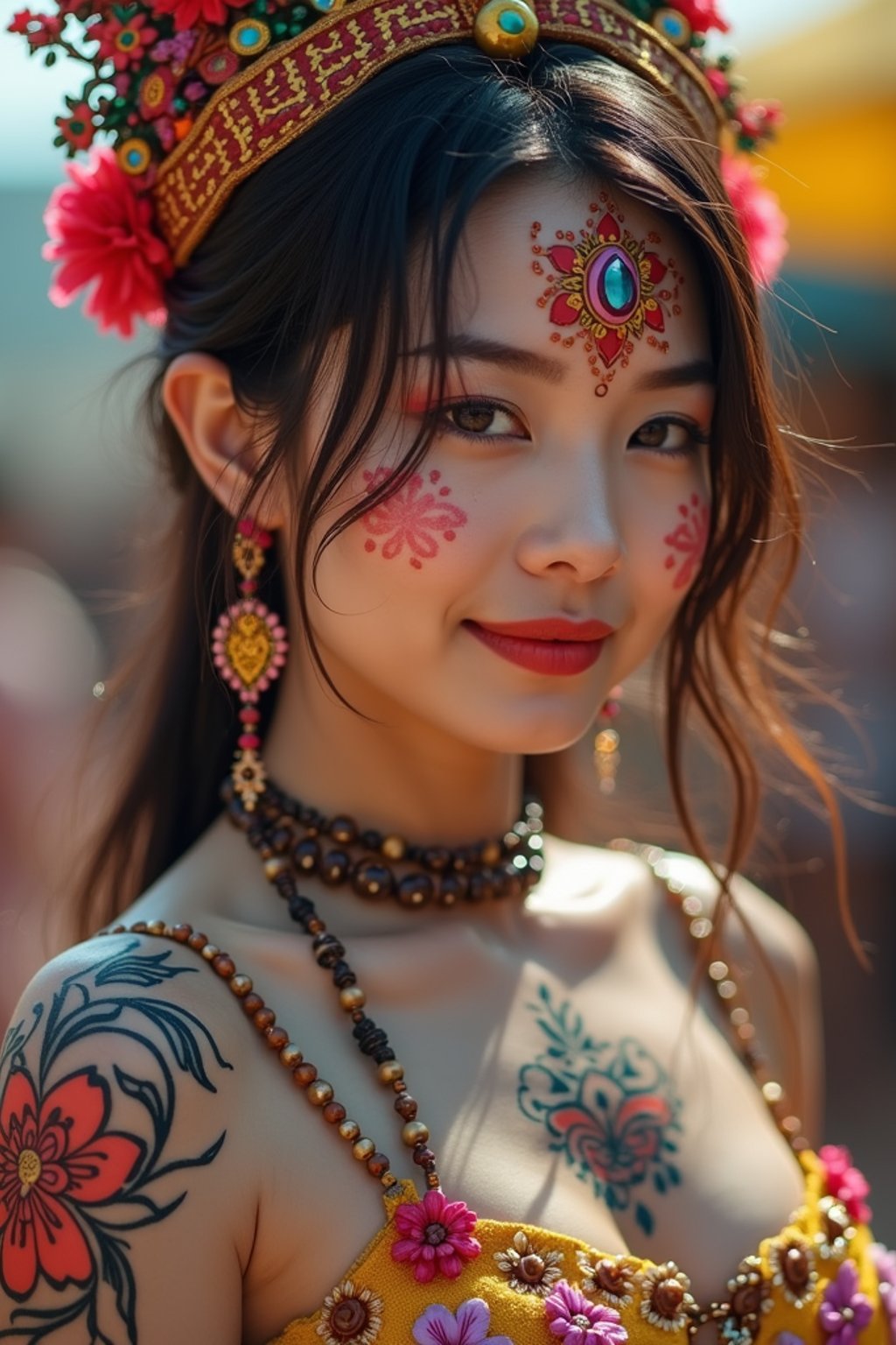 a woman with colorful temporary tattoos and henna art , adding an element of tribal and cultural inspiration to their festival look