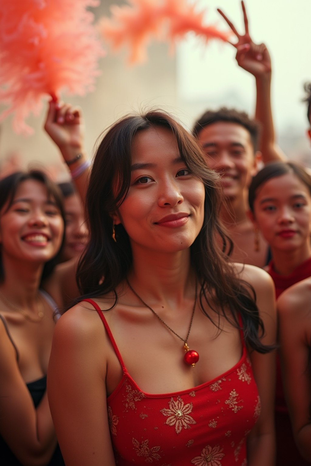 a stunning woman surrounded by a group of friends , capturing the sense of community and celebration at the festival