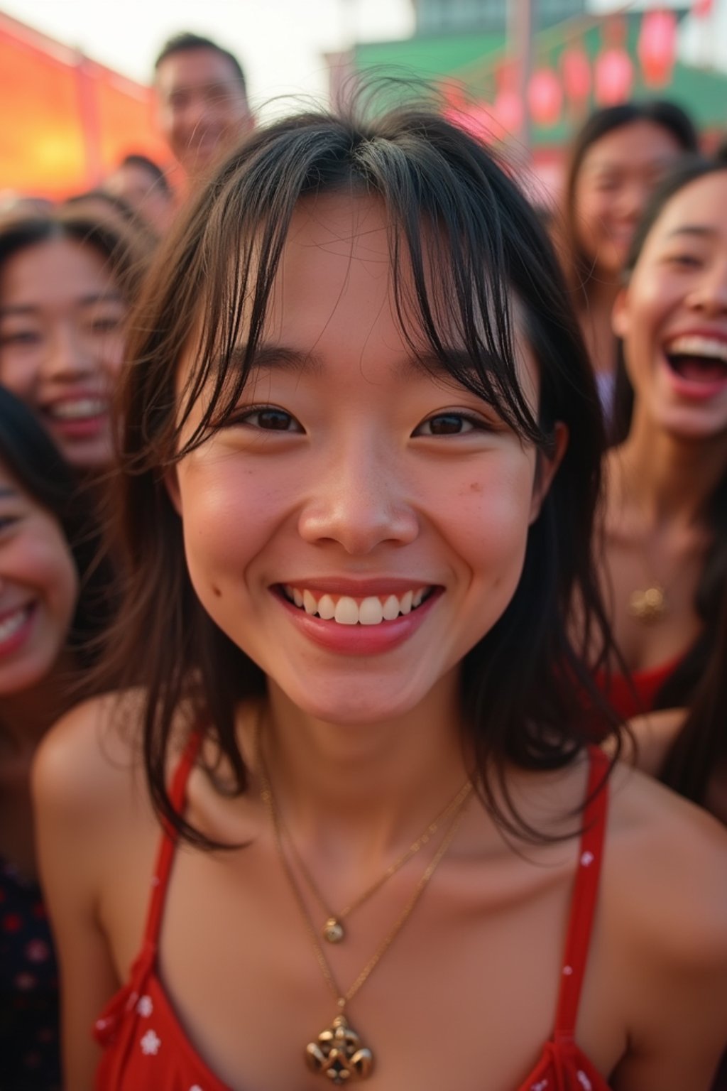 a stunning woman surrounded by a group of friends , capturing the sense of community and celebration at the festival