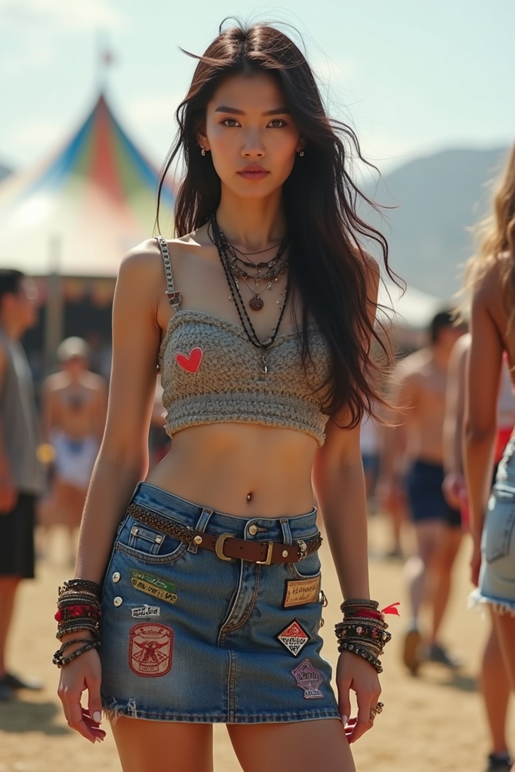 a woman in a crop top and denim skirt with festival patches , embodying the DIY and personalization culture of music festivals