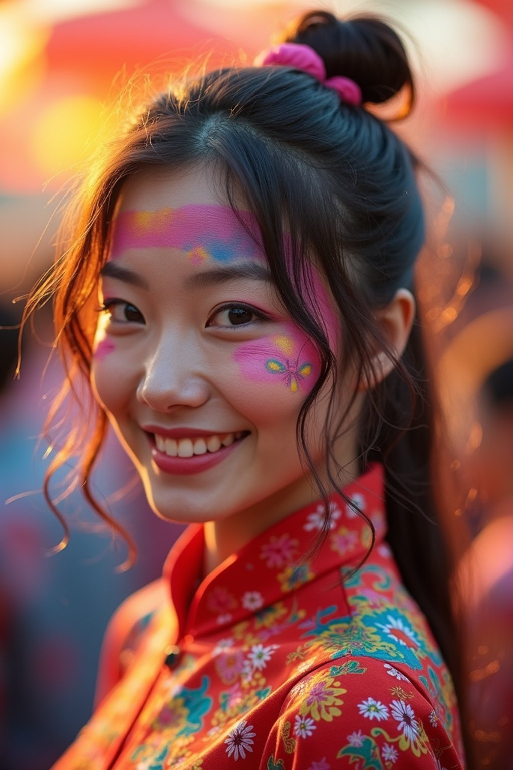 a woman with colorful festival makeup , standing out in the crowd and embracing the festival's vibrant atmosphere