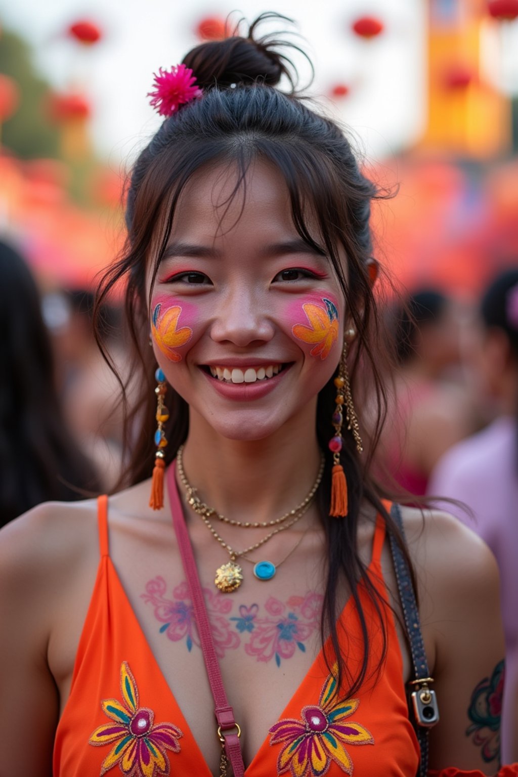 a woman with colorful festival makeup , standing out in the crowd and embracing the festival's vibrant atmosphere