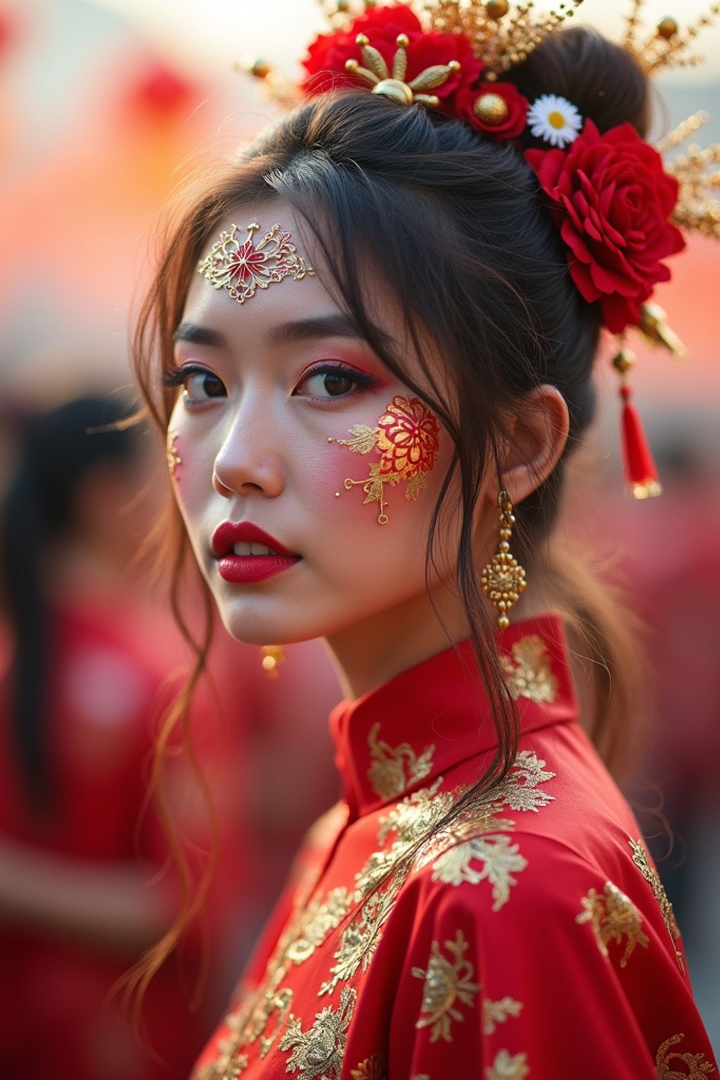 a woman with colorful festival makeup , standing out in the crowd and embracing the festival's vibrant atmosphere