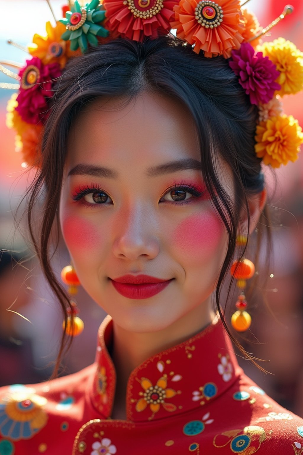 a woman with colorful festival makeup , standing out in the crowd and embracing the festival's vibrant atmosphere