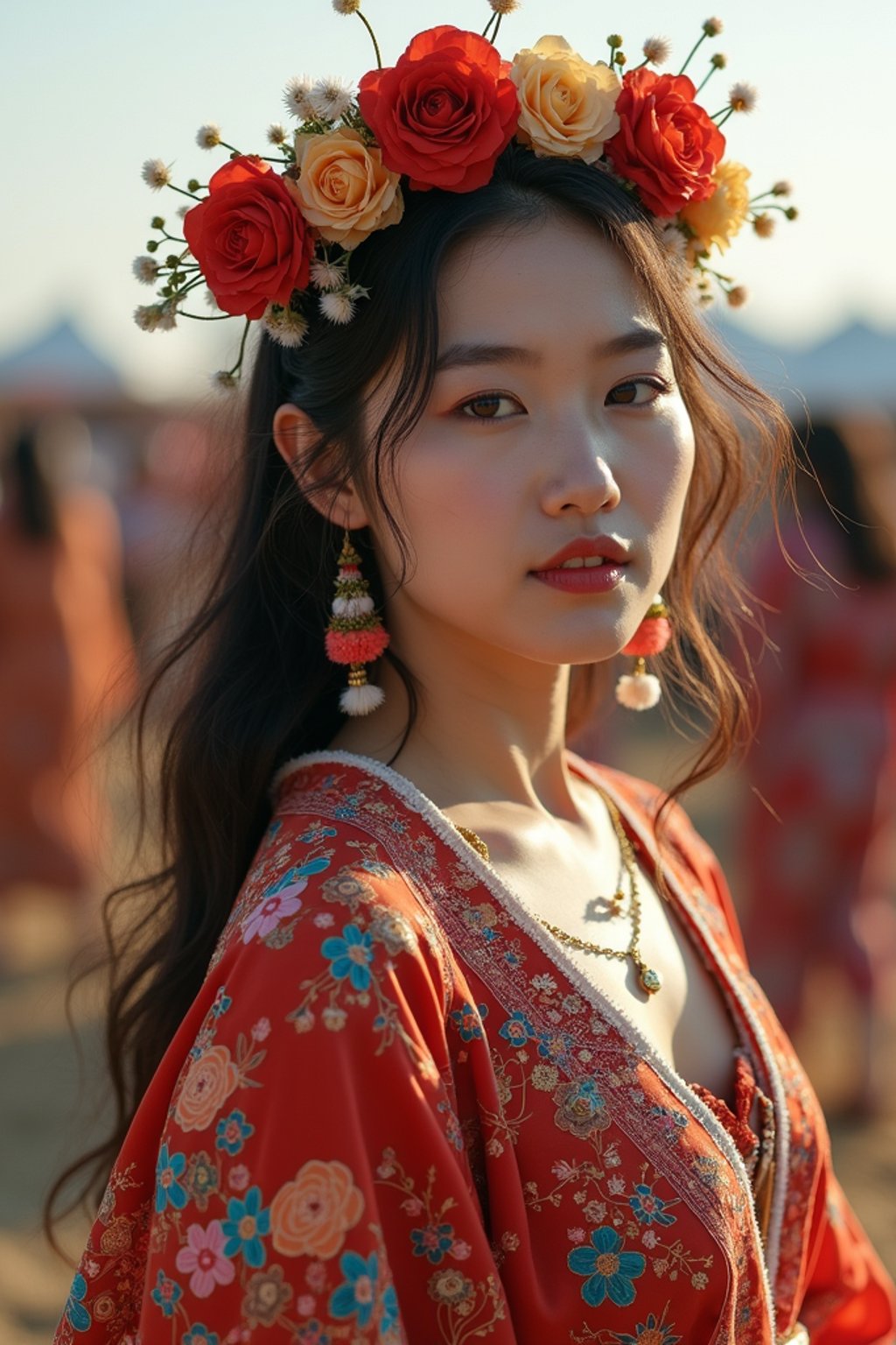 a stunning woman in a flowy kimono and flower crown , embodying the fusion of bohemian and rock n roll styles at the festival