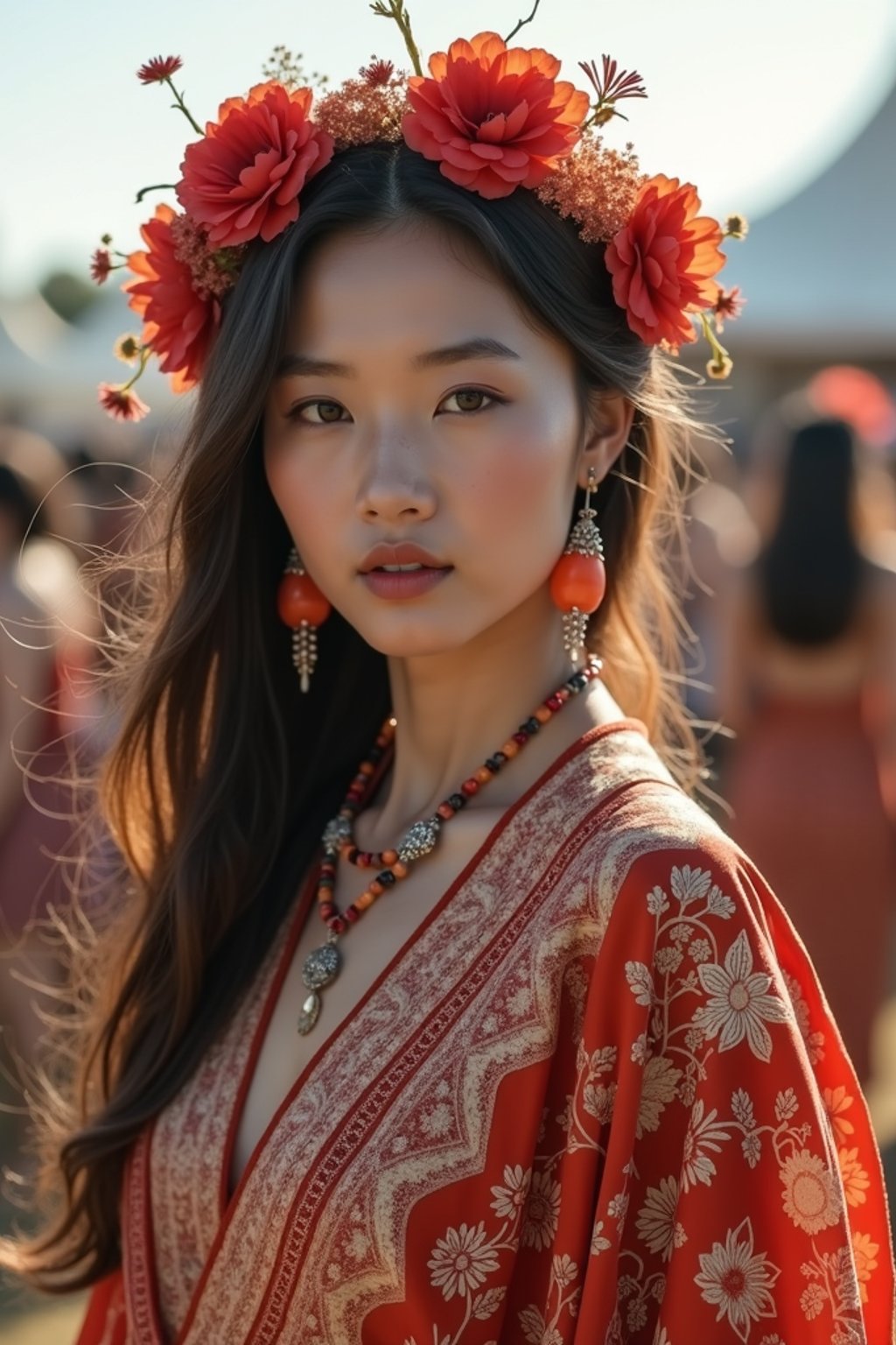 a stunning woman in a flowy kimono and flower crown , embodying the fusion of bohemian and rock n roll styles at the festival