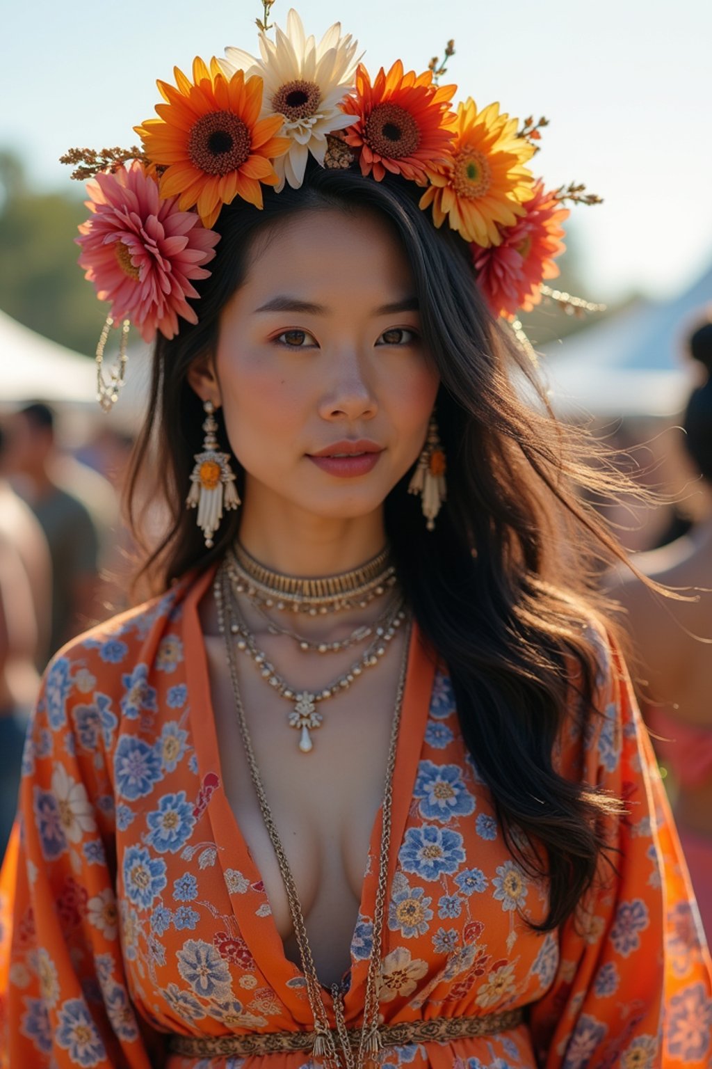 a stunning woman in a flowy kimono and flower crown , embodying the fusion of bohemian and rock n roll styles at the festival