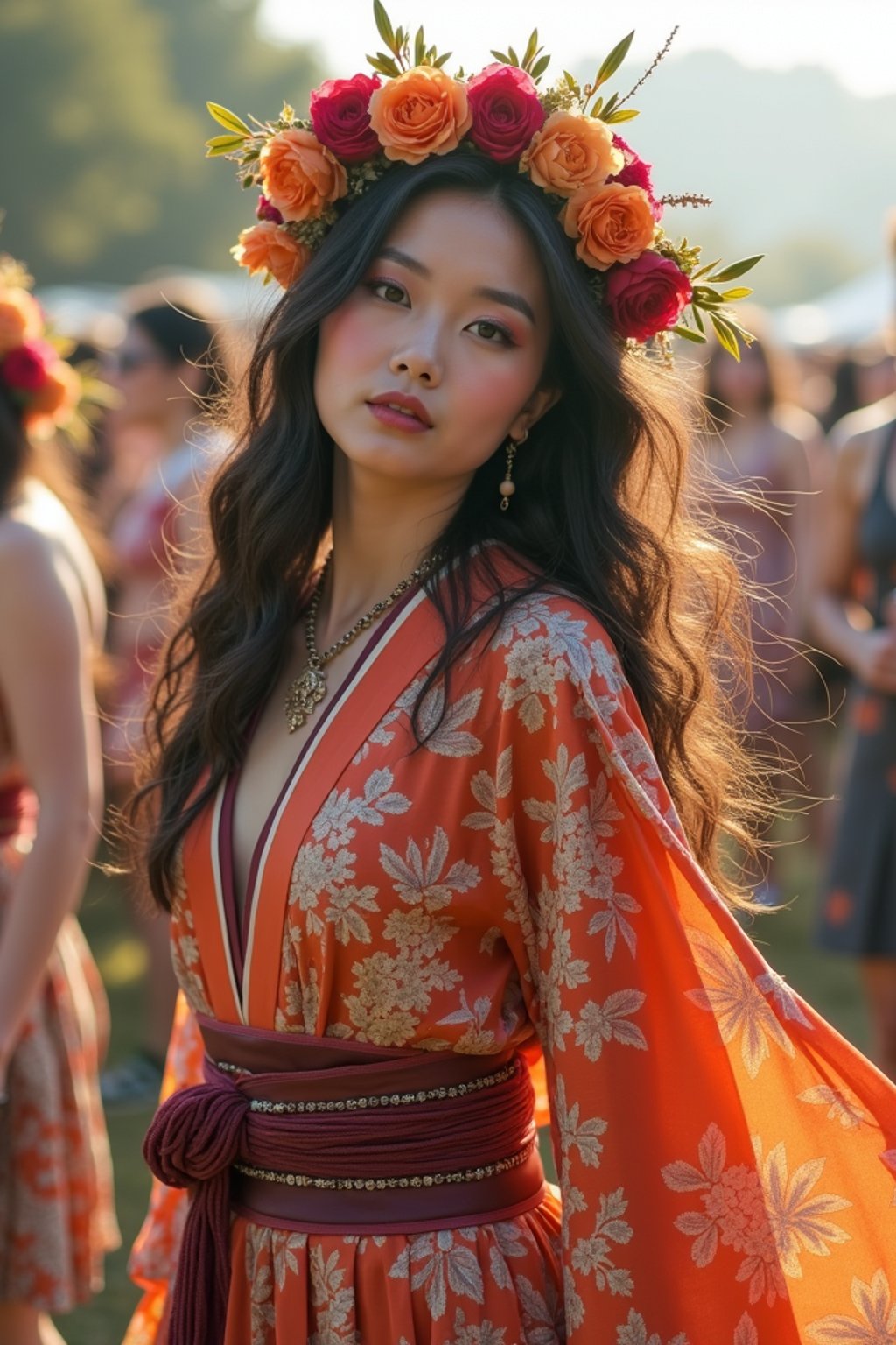 a stunning woman in a flowy kimono and flower crown , embodying the fusion of bohemian and rock n roll styles at the festival