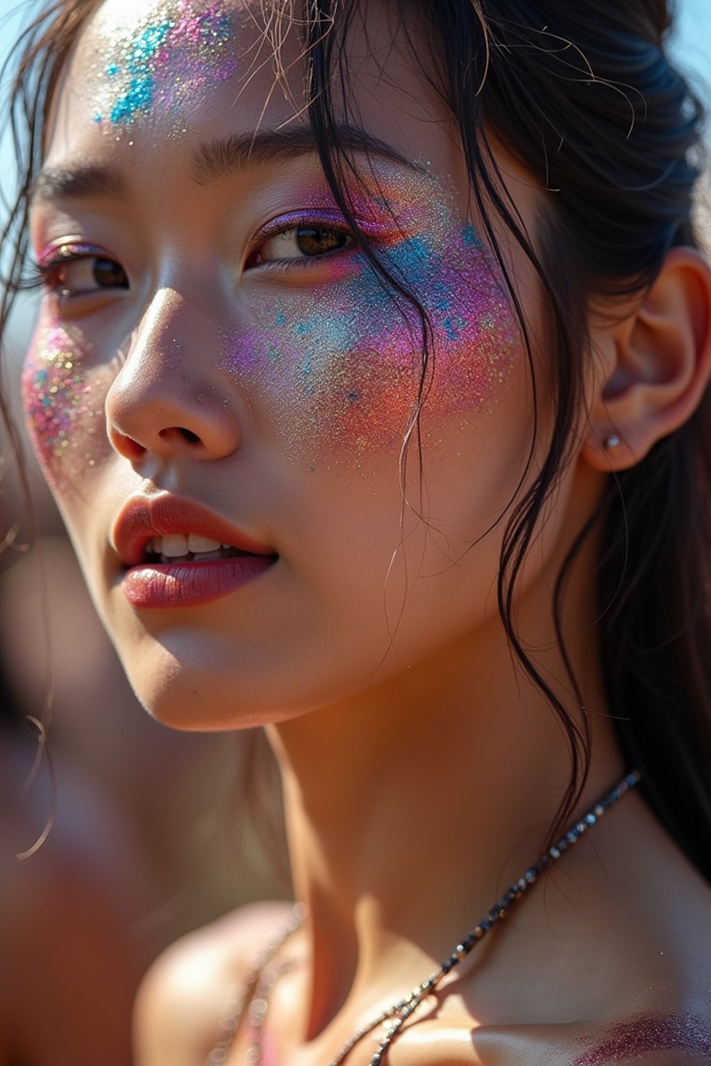 a woman with glittery makeup and body paint , capturing the artistic and expressive side of the music festival experience