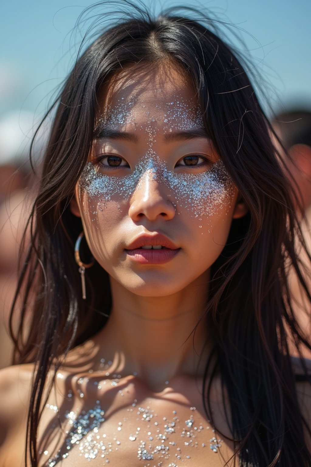 a woman with glittery makeup and body paint , capturing the artistic and expressive side of the music festival experience