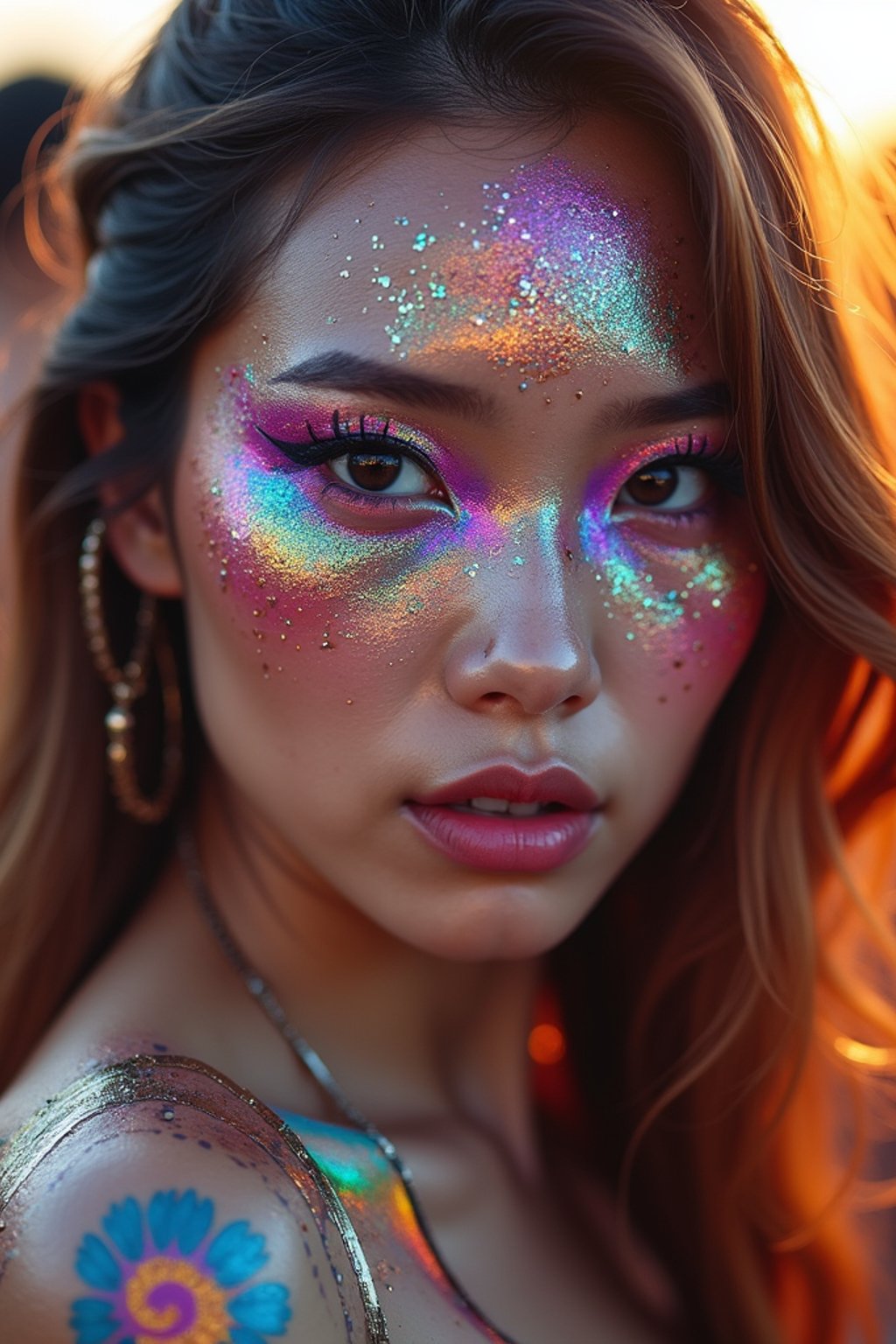 a woman with glittery makeup and body paint , capturing the artistic and expressive side of the music festival experience