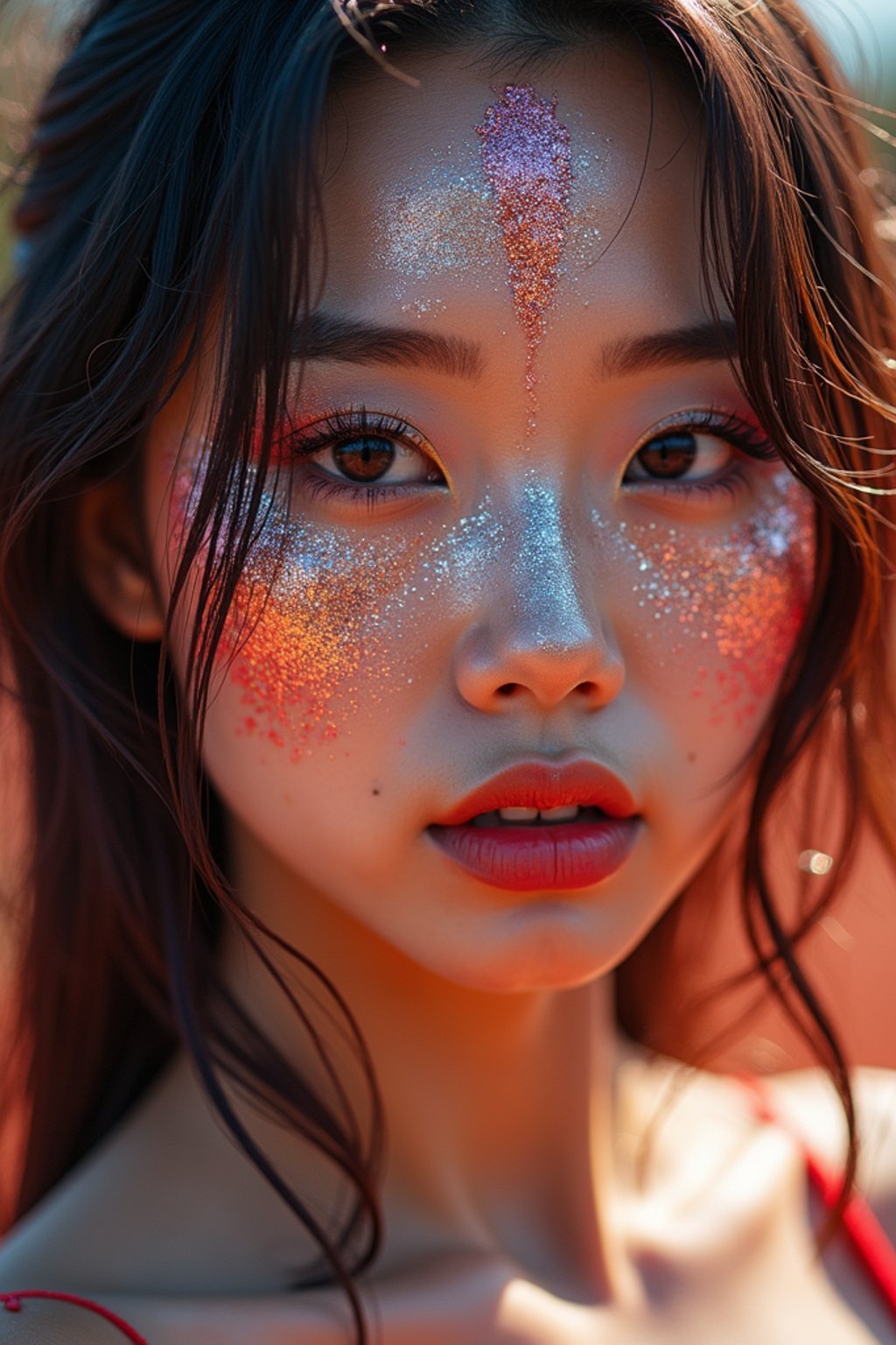 a woman with glittery makeup and body paint , capturing the artistic and expressive side of the music festival experience