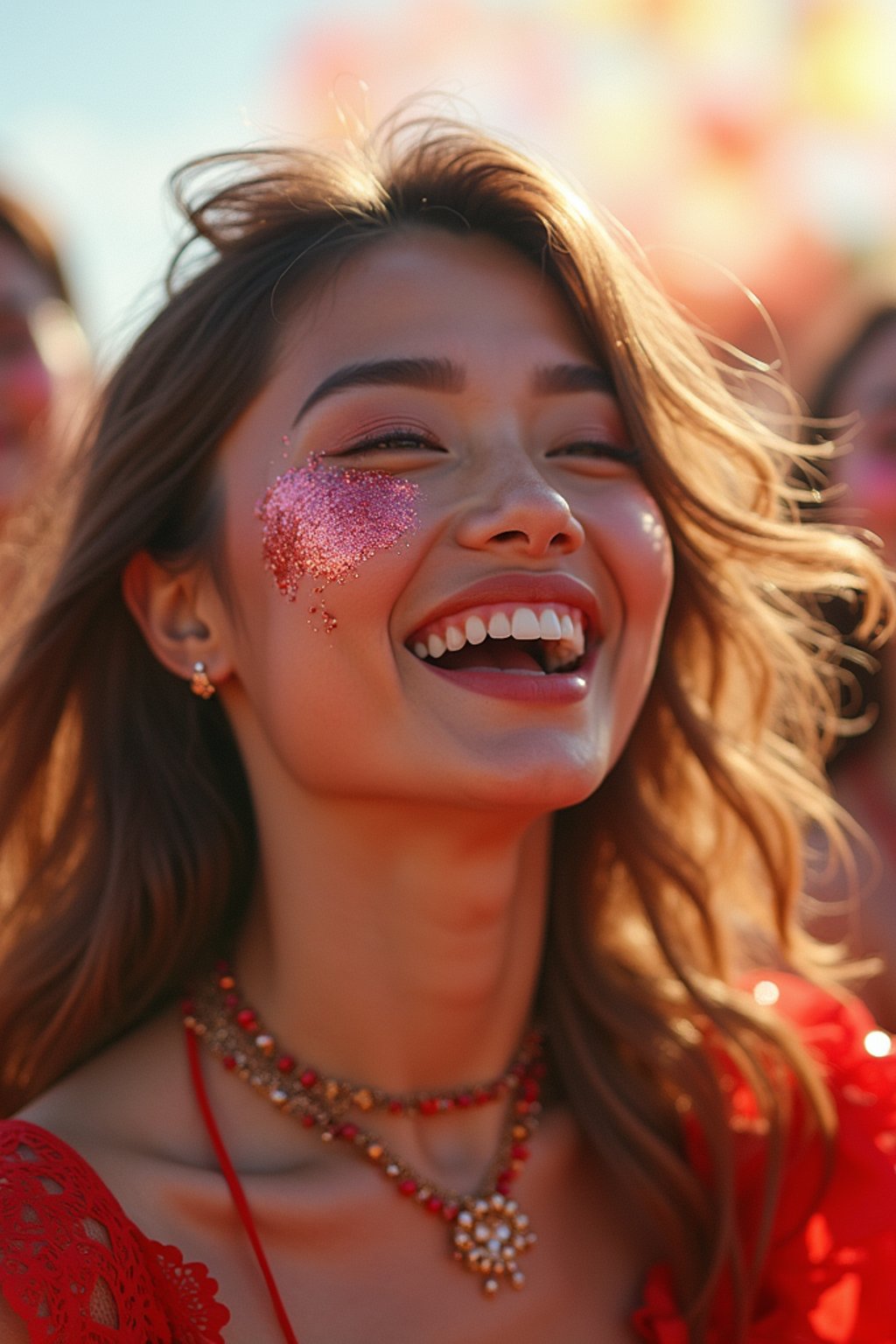 a woman enjoying a live performance on a sunny day, with glitter on their face , radiating the joy and excitement of the festival