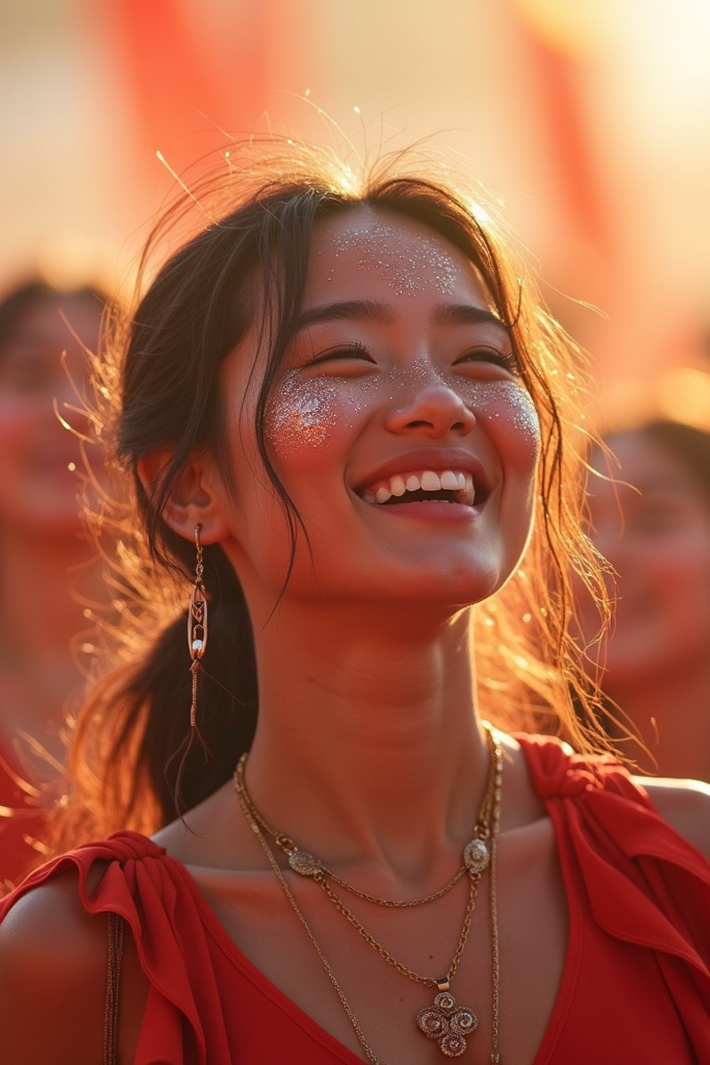 a woman enjoying a live performance on a sunny day, with glitter on their face , radiating the joy and excitement of the festival