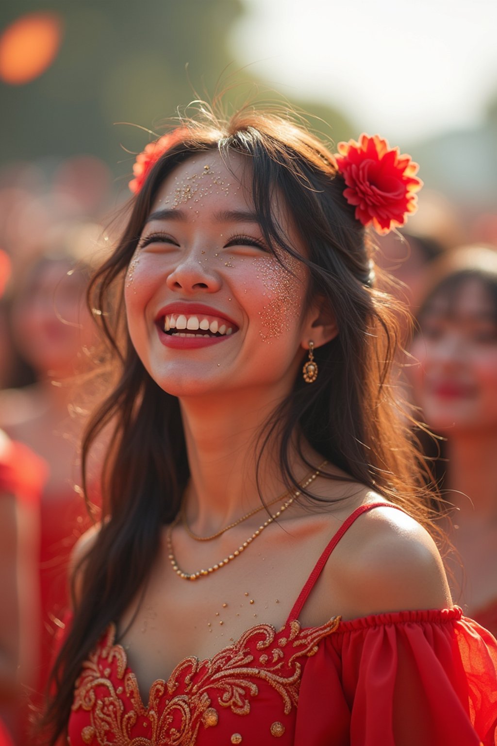 a woman enjoying a live performance on a sunny day, with glitter on their face , radiating the joy and excitement of the festival