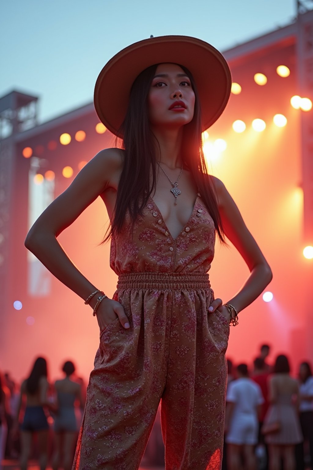 a woman in a bohemian jumpsuit and a wide-brimmed hat , striking a pose in front of a stage backdrop, capturing the excitement of a music festival