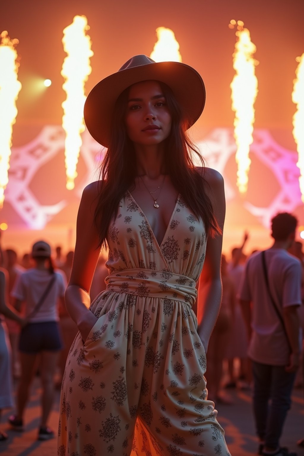 a woman in a bohemian jumpsuit and a wide-brimmed hat , striking a pose in front of a stage backdrop, capturing the excitement of a music festival