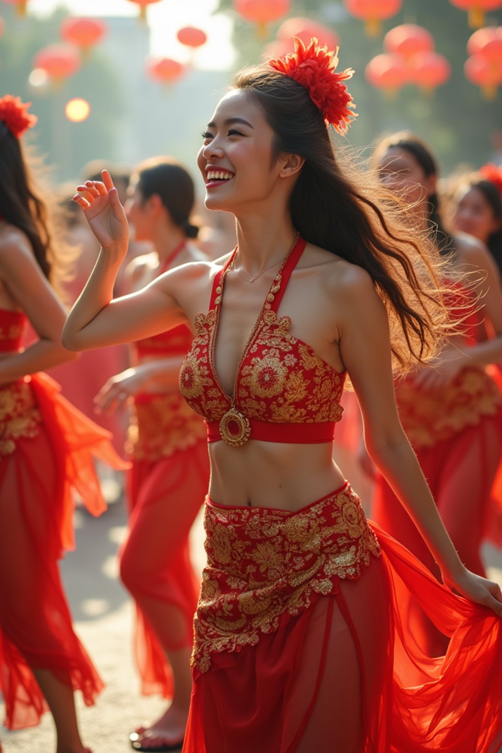 a woman in a festival-inspired outfit, dancing with a group of friends , capturing the energetic and lively atmosphere